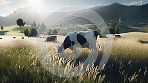 Calm sunrise in the mountains, AI generated illustration, realistic cow