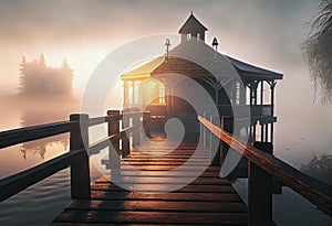 Calm sunrise over a wooden structure on on the water on a misty morning. Generative ai