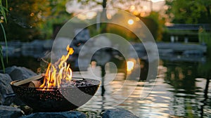 The calm surface of a nearby pond reflects the warmth of the fire pit creating a serene and almost mystical atmosphere