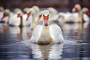 a calm swan among agitated ducks