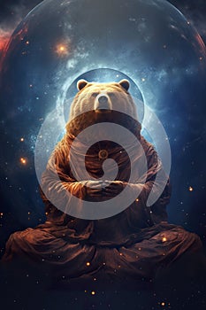 calm and tranquil bear meditating in lotus pose at open space with stars and nebulas background, harmony and zen balance