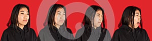 Development of emotions of young Asian girl isolated on red background.
