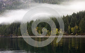 Calm waters with cloud-covered mountain and forest photo