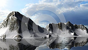 Calm waters of a glacier lake with Snowy mountains behin photo