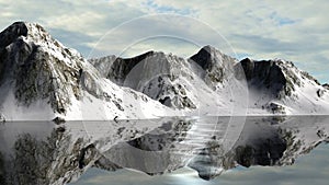 Calm waters of a glacier lake with Snowy mountains behin