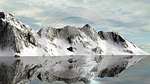 Calm waters of a glacier lake with Snowy mountains behin