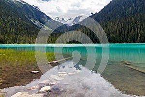 Calm waters of Lower Joffre Lake transform from teal & turquoise