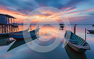 Calm waters reflect a sublime sunset at a peaceful fishing village, with traditional boats moored beside rustic stilt