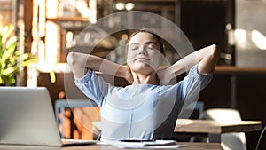 Calm woman man relaxing after finish computer work in coffeehouse photo