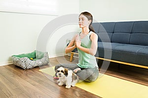 Calm woman meditating next to her puppy