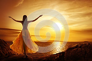 Calm Woman Meditating on Sunset, Relax in Open Arms Pose photo