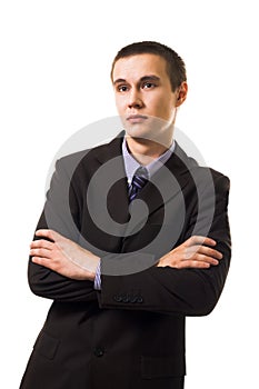 Calm young business man in suit lean