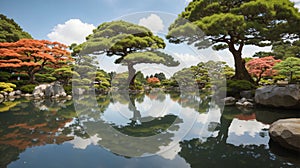 Calm Zen lake and bonzai trees