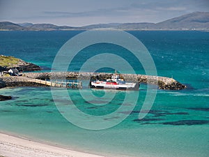 The CalMac Caledonian MacBrayne roll-on roll-off car ferry Loch Alainn arriving at the Eriskay Ferry Terminal