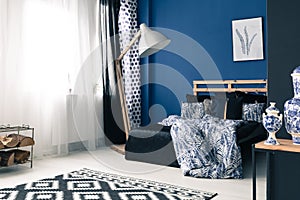 Calming bedroom with cobalt wall
