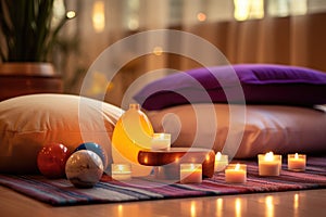 calming candles around a meditation cushion or yoga mat