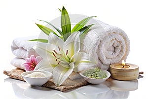 Spa Setting with Lily Flower Over White photo