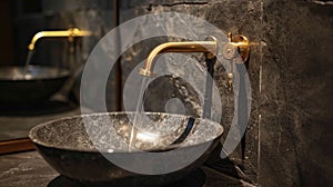 The calming scene of clear water flowing from a brass faucet into an elegant stone basin in a luxurious, textured