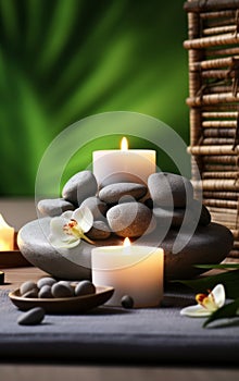 Calming Spa Composition with Lit Candles and Smooth Rocks
