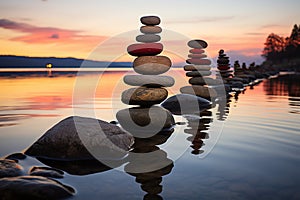 Calming spa setting, balanced stones, colorful summer sky, peaceful beach silhouette