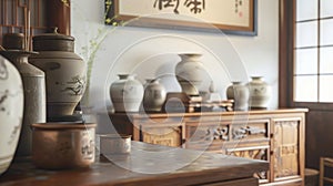 A calming zenlike view of the interior of a traditional Chinese medicine clinic with herbal jars acupuncture tools and photo