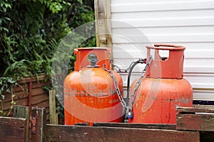 Calor gas cylinder bottles at caravan park site in Porthcawl UK photo