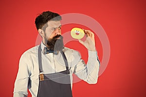 Calorie. Chef feel hunger. Calorie counting. Diet and healthy food. gain calorie. Bearded man in chef apron. Chef man in