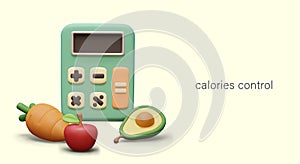 Calorie control. Vector concept in cartoon style. 3D calculator, fruits, vegetables