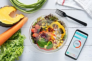 Calories counting , diet , food control and weight loss concept. Calorie counter application on smartphone screen at dining table