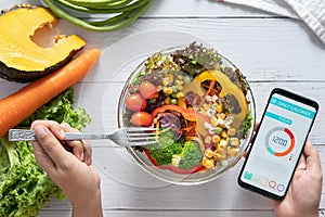 Calories counting , diet , food control and weight loss concept. Calorie counter application on smartphone screen at dining table