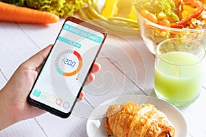 Calories counting and food control concept. woman using Calorie counter application on her smartphone with salad , vegetable