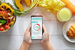 Calories counting and food control concept. woman using Calorie counter application on her smartphone with salad , vegetable