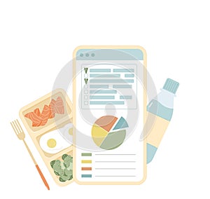 Calories counting and ratio of protein, carbohydrates and fat. Healthy lifestyle tracking concept. Weight loss control. Vector