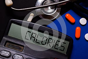 Calories write on calculator isolated on office desk background. Healthcare/Medical concept