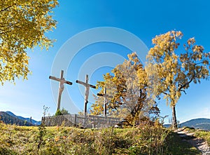 Calvary hill with three crosses, crucifixion scene in autumnal landscape, Fischbachau