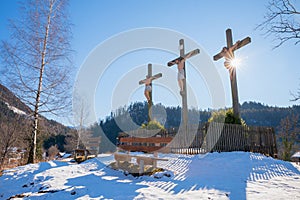 calvary hill with three crosses, winter landscape Birkenstein, Fischbachau