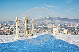 Calvary in Nitra city with Zobor hill, Slovakia, winter scene