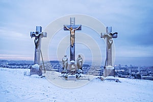 Calvary in Nitra, Slovakia, religious place, winter evening scene