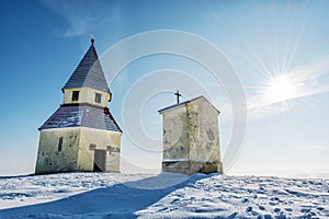 Calvary in Nitra, Slovakia, winter religious scene