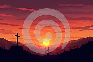 Calvary sunset background for good friday he is risen. Generative AI