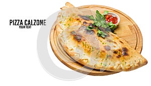 Calzone pizza on a round wooden board isolated on white background. Copy space. photo