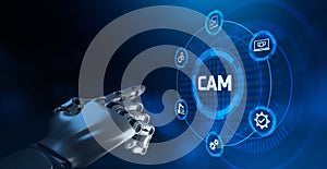 CAM computer aided manufacturing engineering system smart technology concept. Robotic arm 3d rendering.