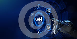 CAM computer aided manufacturing engineering system smart technology concept. Robotic arm 3d rendering.
