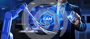 CAM Computer-aided manufacturing industrial technology automation concept. Cobot robotic arm 3d render