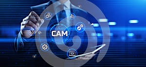 CAM Computer-aided manufacturing software system. Businessman pressing button on screen
