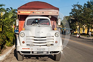 CAMAGUEY, CUBA - JAN 25, 2016: Old Chevrolet truck on a street in Camaguey. Trucks serve often as a passenger transport