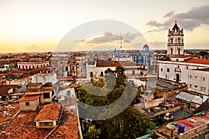 Camaguey UNESCO World Heritage Centre from above at sunset. View of the Plaza de los Trabajadores. aerial view