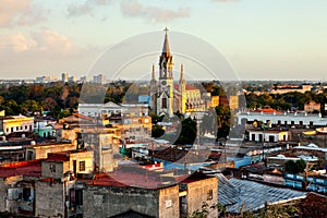 Camaguey UNESCO World Heritage Centre from above. View of the roofs and the Sacred Heart of Jesus Cathedral