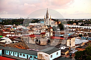 Camaguey UNESCO World Heritage Centre from above. View of the roofs and the Sacred Heart of Jesus Cathedral Iglesia del Sagrad