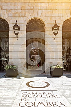 Camara Municipal de Coimbra. The logo of the town hall of Coimbra, Portugal, is applied on the sidewalk in front of the